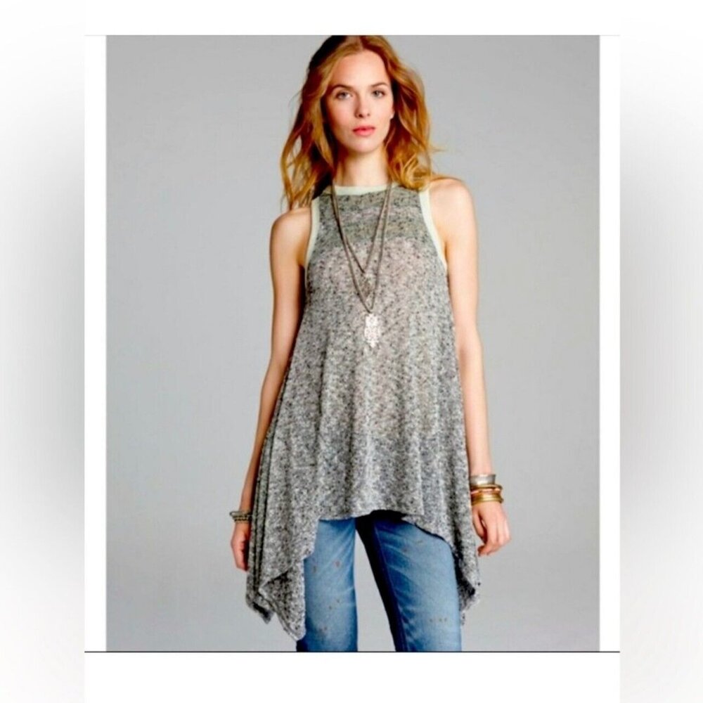 Free People Gray Knit Handkerchief Hem Tank with Cream Trim